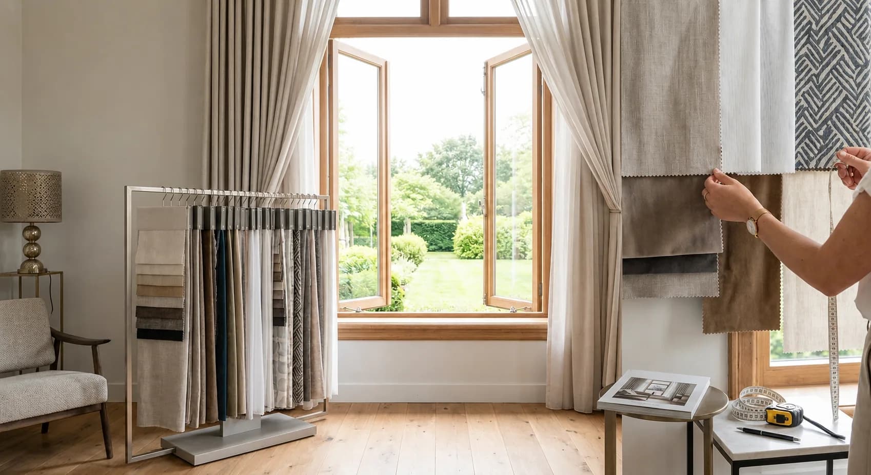 Gordijnstalen bekijken in het natuurlijke licht van de woning