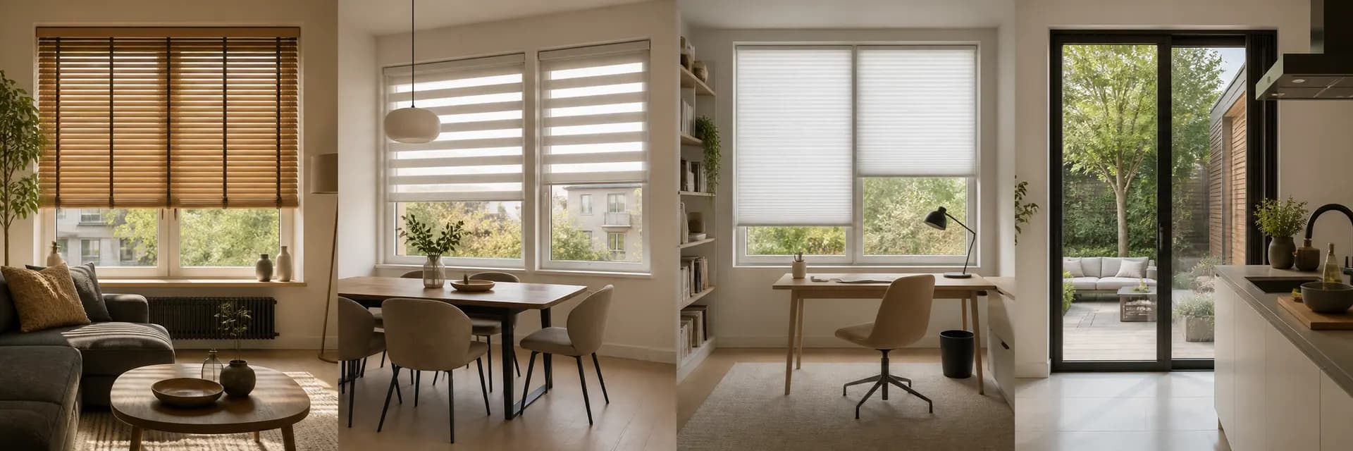 Collectie raamdecoratie met jaloezieën, rolgordijnen, plisségordijnen en horren