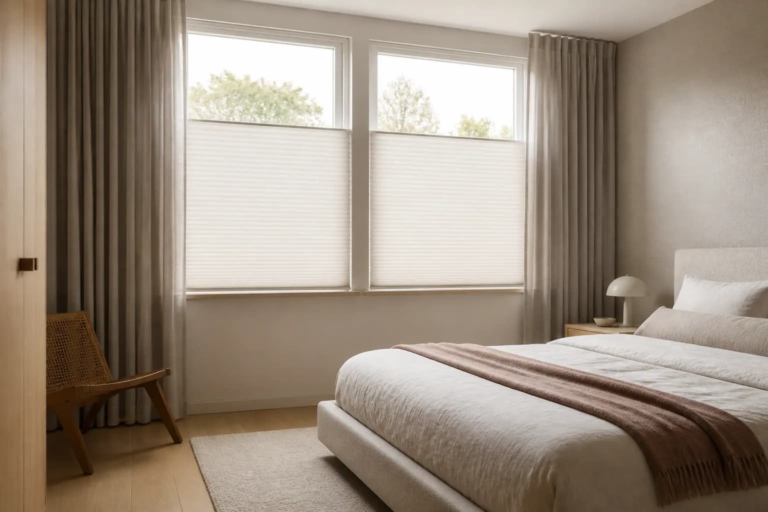 Plisségordijnen en gordijnen in een rustige slaapkamer
