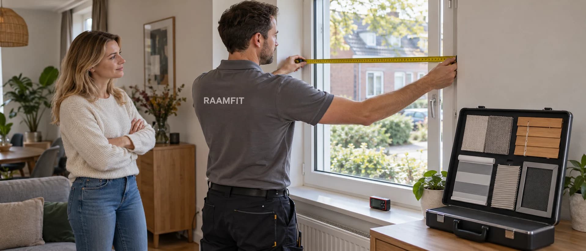 RAAMFIT adviseur meet een raam professioneel in bij een klant thuis